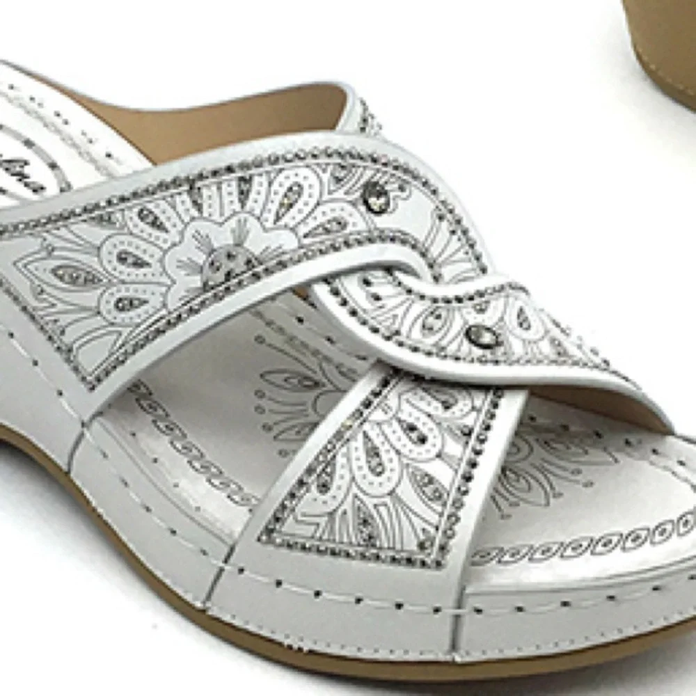 Italina Silver Embroidered Criss Cross Wedge Heel Sandal